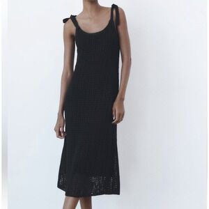 Zara Crochet Open Knit Midi Dress Sz L Black Fully Lined Bow Straps Resort Beach